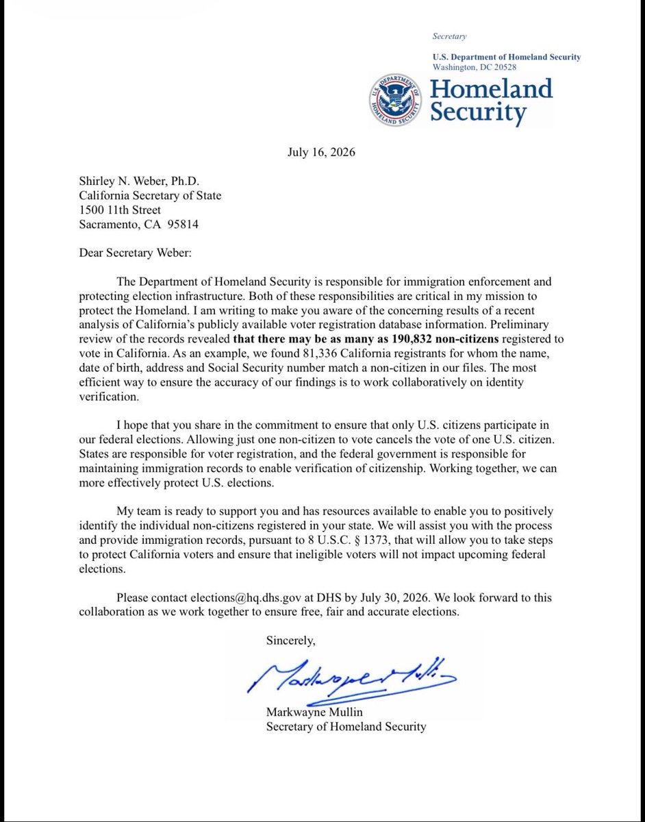 SecMullinDHS's tweet photo. A preliminary @DHSgov review found over 250,000 non-citizens registered to vote in four states: California, New Jersey, Pennsylvania, and Nevada.

This shouldn’t be a red or blue state issue: ONLY Americans should elect American leaders.

We’ve put these governors on notice. States must work with us to ensure free, fair, and honest elections.