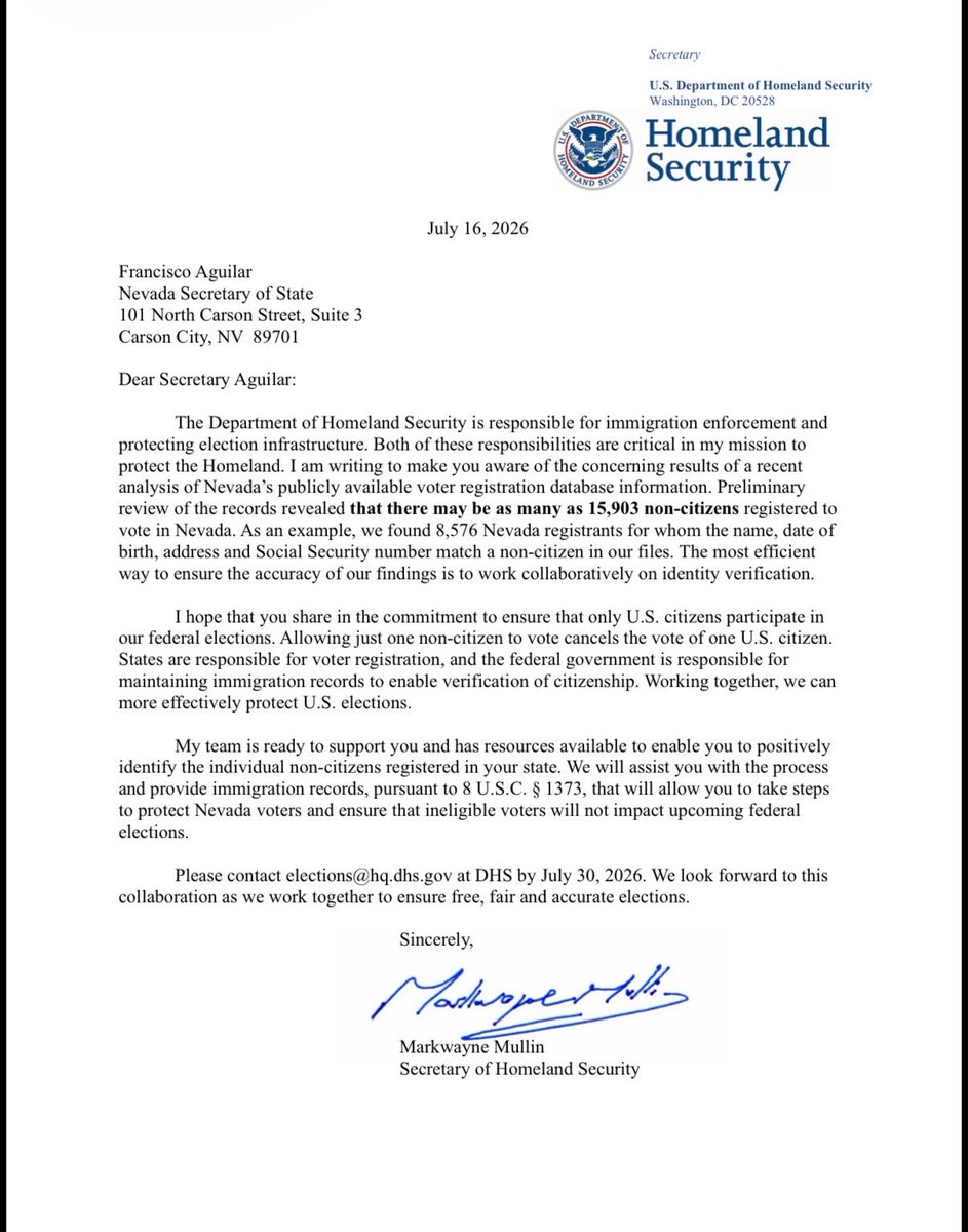 SecMullinDHS's tweet photo. A preliminary @DHSgov review found over 250,000 non-citizens registered to vote in four states: California, New Jersey, Pennsylvania, and Nevada.

This shouldn’t be a red or blue state issue: ONLY Americans should elect American leaders.

We’ve put these governors on notice. States must work with us to ensure free, fair, and honest elections.