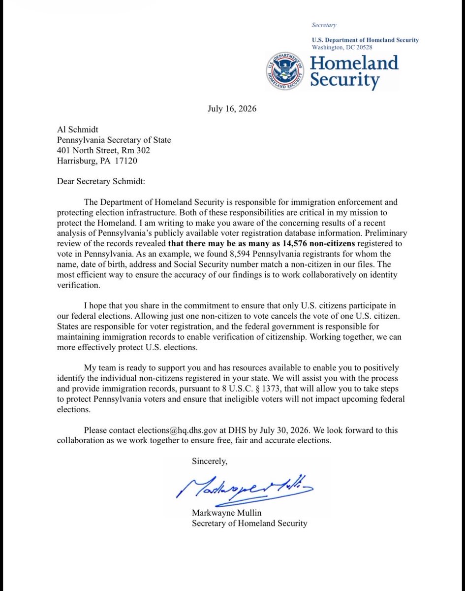 SecMullinDHS's tweet photo. A preliminary @DHSgov review found over 250,000 non-citizens registered to vote in four states: California, New Jersey, Pennsylvania, and Nevada.

This shouldn’t be a red or blue state issue: ONLY Americans should elect American leaders.

We’ve put these governors on notice. States must work with us to ensure free, fair, and honest elections.