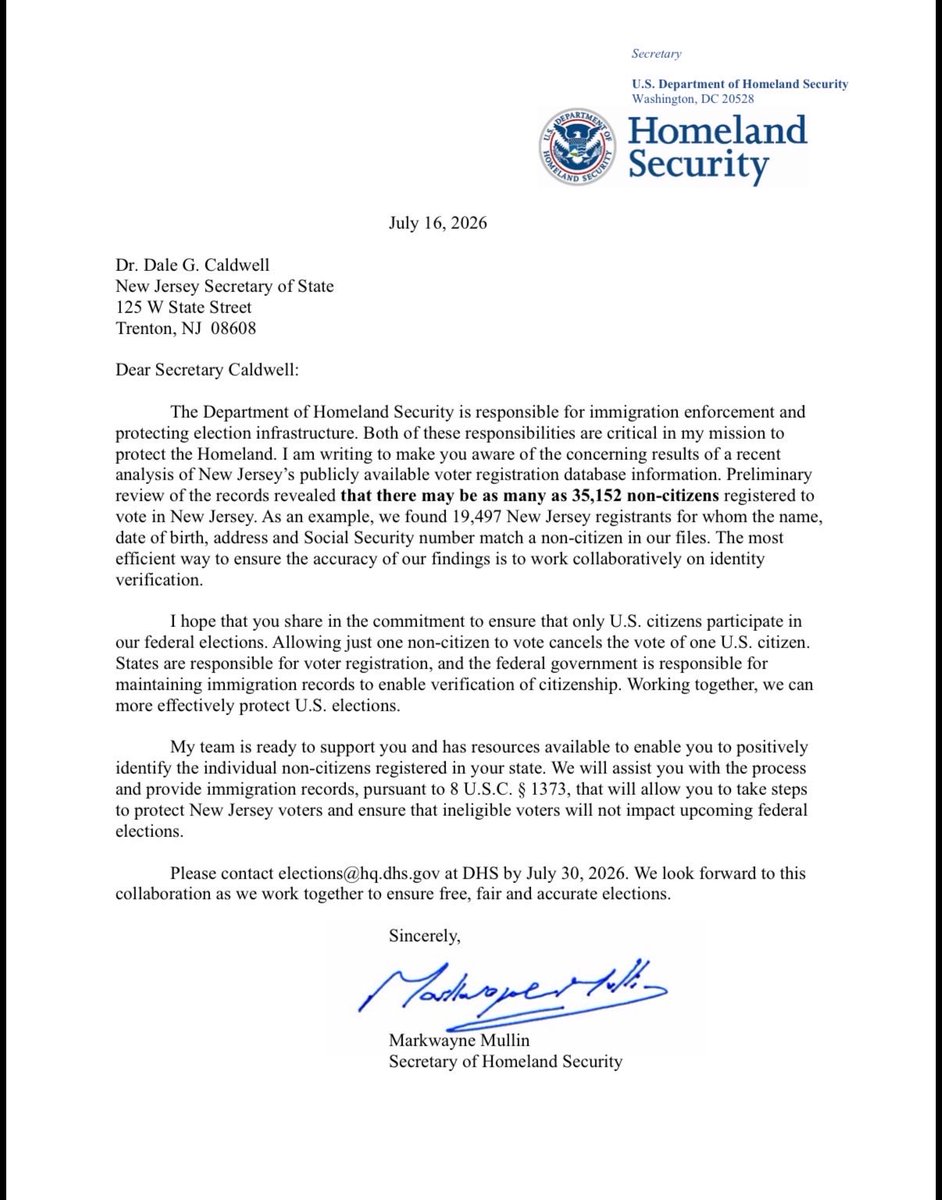 SecMullinDHS's tweet photo. A preliminary @DHSgov review found over 250,000 non-citizens registered to vote in four states: California, New Jersey, Pennsylvania, and Nevada.

This shouldn’t be a red or blue state issue: ONLY Americans should elect American leaders.

We’ve put these governors on notice. States must work with us to ensure free, fair, and honest elections.