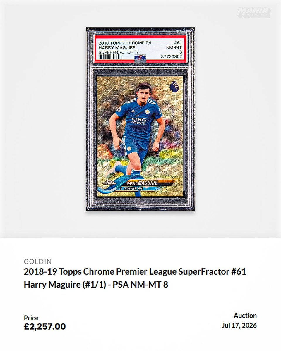 ManiaCollect's tweet photo. Harry Maguire's 2018-19 Topps Chrome Premier League SuperFractor 1/1 has set a new personal record after selling for £2,257 💰

One of the rarest Maguire cards ever made, and now officially his highest recorded sale. https://t.co/Pm0g7yPHyP