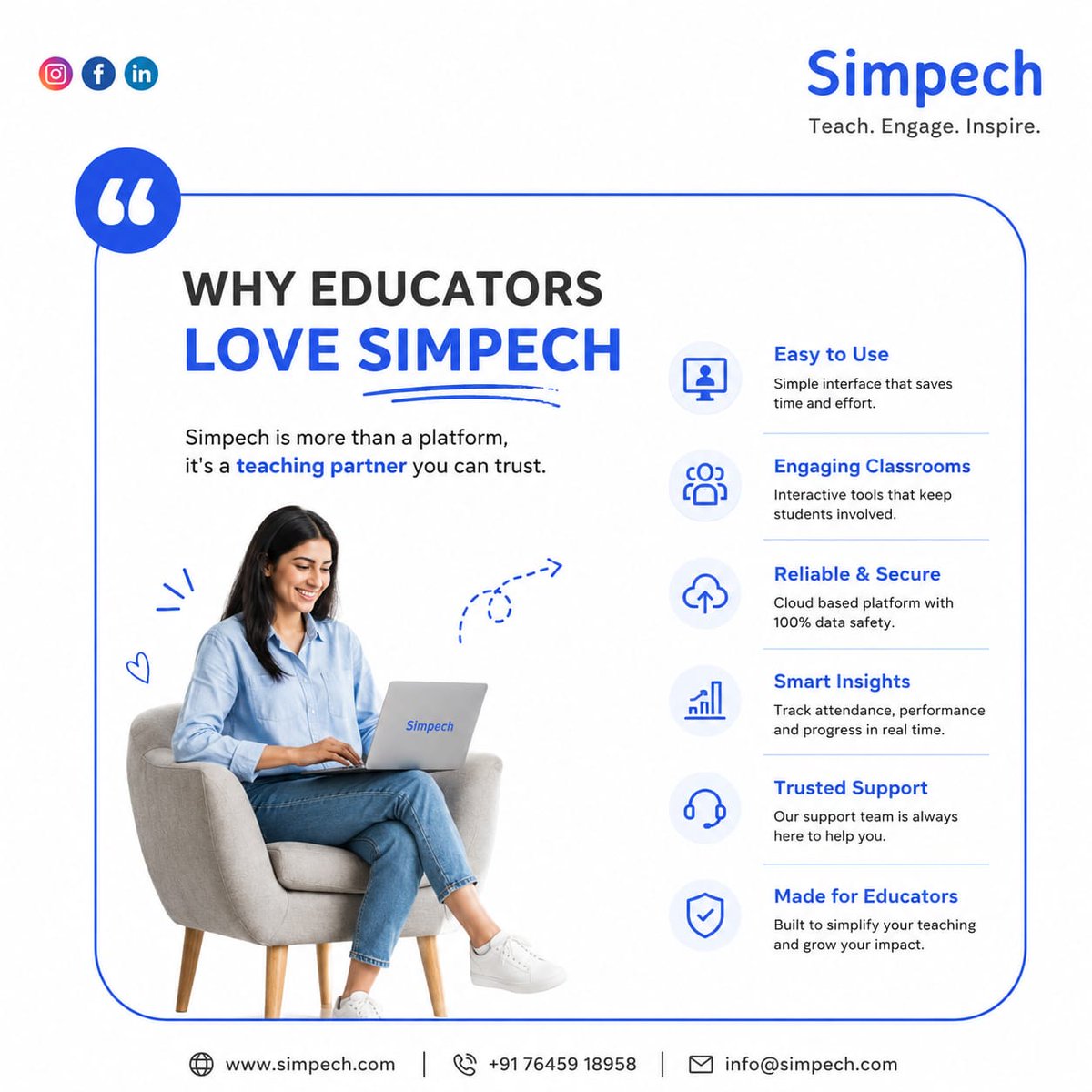 SimpechOfficial's tweet photo. ❤️ Why do educators choose Simpech?
Because it's built to make teaching easier.
✔ Easy to use
🎓 Interactive classrooms
🔒 Secure & reliable
📊 Smart insights
🤝 Dedicated support
Focus on teaching—we'll handle the technology.
#Simpech #EdTech #VirtualClassroom #OnlineTeaching https://t.co/hDvEKMspio