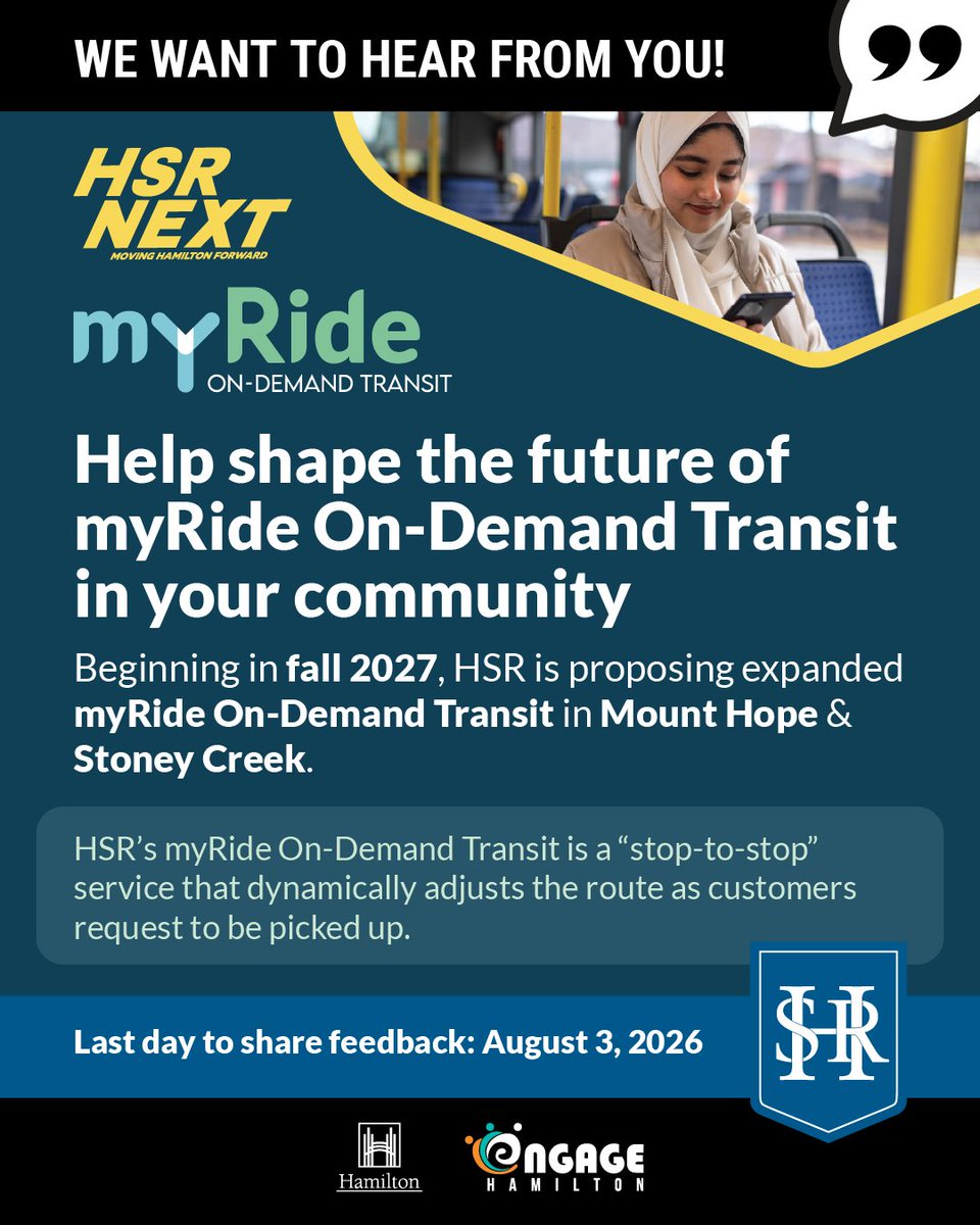hsr's tweet photo. HSR is proposing to expand myRide On-Demand Transit to Mount Hope & Stoney Creek. Help shape the future of transit. Share your feedback by August 3, 2026! Let’s make transit better for everyone. #HSRNext #myRide https://t.co/xkEYlRbwfa