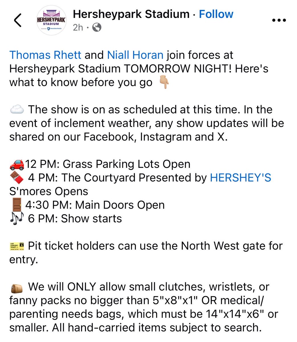 rejectara's tweet photo. here’s some info for everyone coming to hershey for niall tomorrow !!

*EXTREMELY strict with bag policy* 
*I can guarantee the show is rain or shine unless there is lighting in the area- then we must evacuate to under the stand or to the arena across the parking lot* https://t.co/NW1XcYe2YH