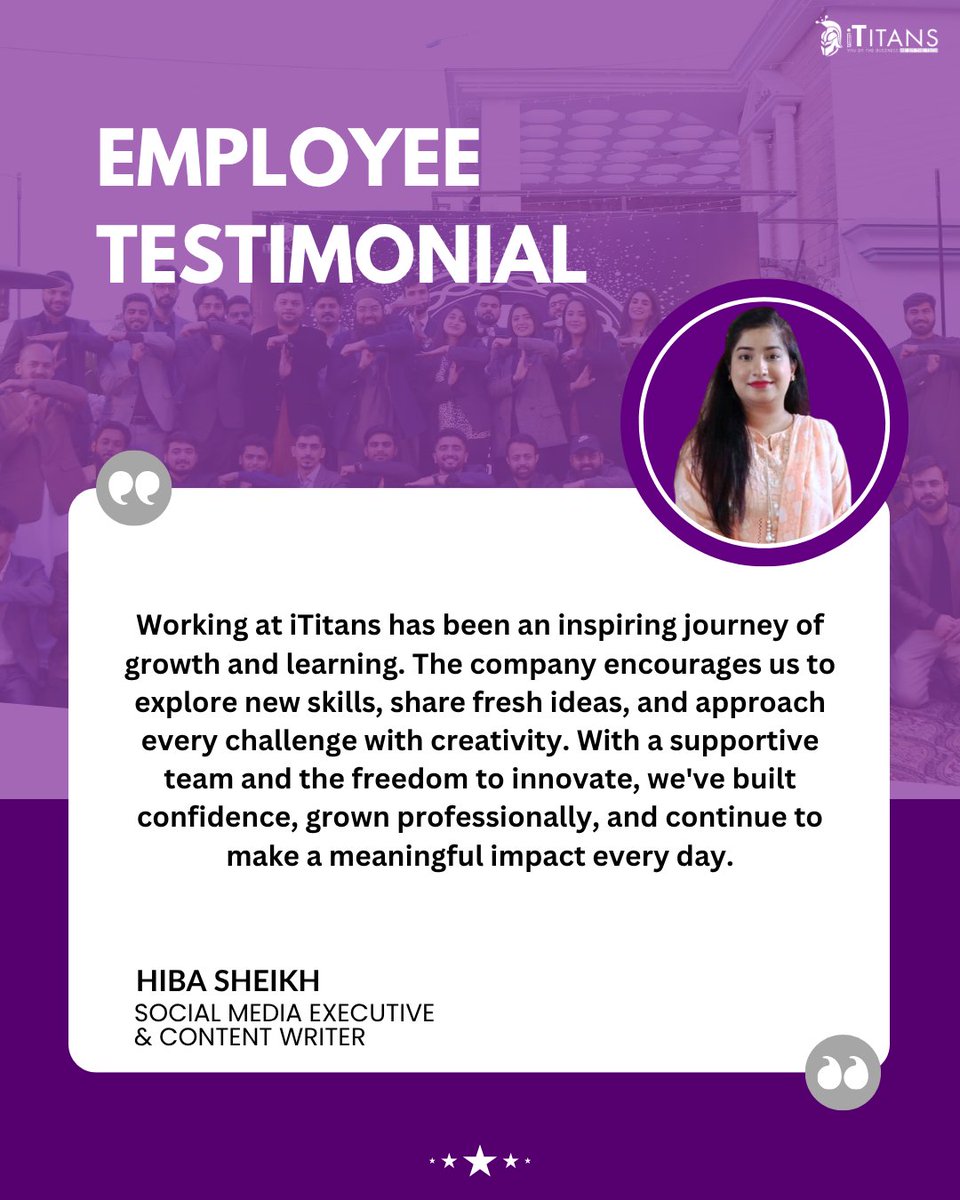 ITitans123's tweet photo. Growth begins with the right environment. At iTitans, we strive to create a workplace where our people can learn, collaborate, and succeed. Here's what one of our team members shared about their experience.
#iTitans #EmployeeTestimonial #EmployeeExperience #WorkplaceCulture https://t.co/QUln7HQ7Y8
