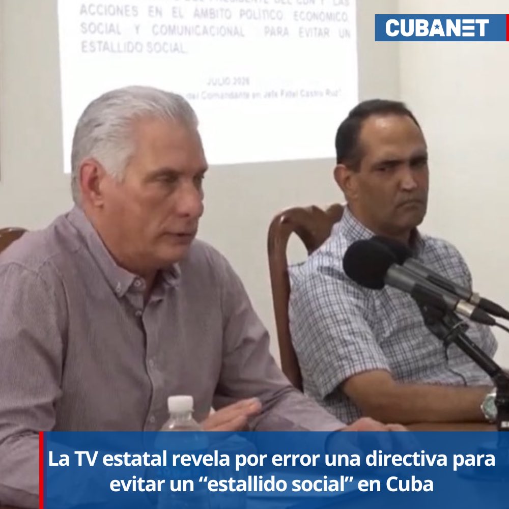 CubanetNoticias's tweet photo. 🚨 La TV estatal revela por error una directiva para evitar un “estallido social” en Cuba

Una imagen captada durante la cobertura de la televisión estatal sobre los recorridos de Miguel Díaz-Canel por municipios de La Habana dejó al descubierto lo que parece ser una de las principales preocupaciones de la cúpula del poder en medio de la crisis que atraviesa el país.

En la diapositiva proyectada detrás del gobernante cubano puede leerse una referencia a “acciones en el ámbito político, económico, social y comunicacional para evitar un estallido social”, dentro de una directiva vinculada a los Consejos de Defensa.

La imagen apareció durante el reporte de las visitas realizadas a La Habana Vieja, Arroyo Naranjo y La Lisa, y rápidamente comenzó a circular en redes sociales, donde numerosos usuarios interpretaron la frase como una muestra del temor existente dentro del régimen ante el creciente deterioro económico y el malestar popular.

El documento sugiere además la preparación de respuestas no solo en el ámbito económico y social, sino también en el terreno político y comunicacional.

La aparición de la diapositiva se produce tras semanas marcadas por apagones récord, protestas y un empeoramiento de las condiciones de vida en distintos puntos de la Isla.