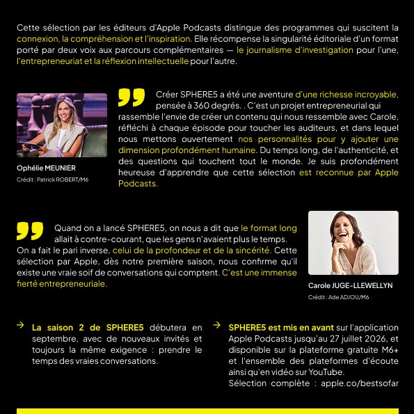 M6pro's tweet photo. #Sphere5 #Apple #Podcasts 

🏆SPHERE5, le podcast d'Ophélie Meunier et Carole Juge-Llewellyn, élu dans les meilleures créations de l'année 2026 Apple Podcasts.
✌️@ophmeunier @CaroleJuge https://t.co/7S5qYkq68o