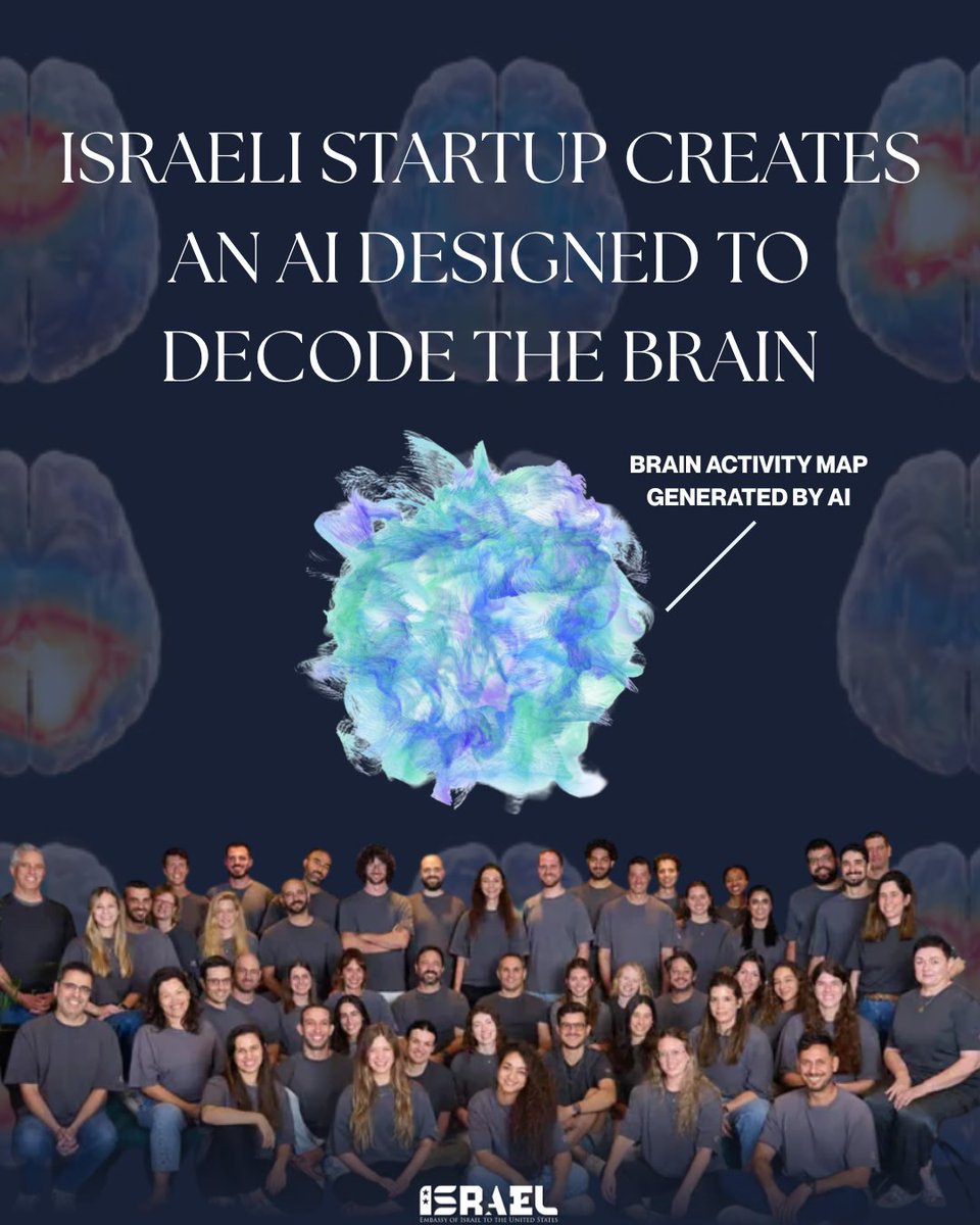 IsraelinUSA's tweet photo. Israel is helping unlock the language of the human brain.

Israeli startup Hemispheric has developed an AI model that translates brain activity into meaningful clinical insights using a simple, non-invasive 15-minute scan. The breakthrough could help detect conditions such as PTSD, Alzheimer's, Parkinson's, depression, and anxiety earlier, while enabling more personalized treatment.

Click the link in our bio to learn more.