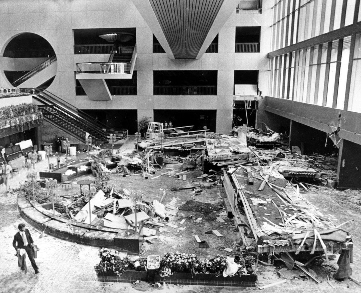 KCTV5's tweet photo. On the evening of July 17, 1981, tragedy struck Kansas City.  

Forty-five years later, we remember the Hyatt Regency collapse and the 114 lives lost, and the countless families affected.  

STORY >>> https://t.co/DhnJOm4KDH https://t.co/F2FcKS9Und