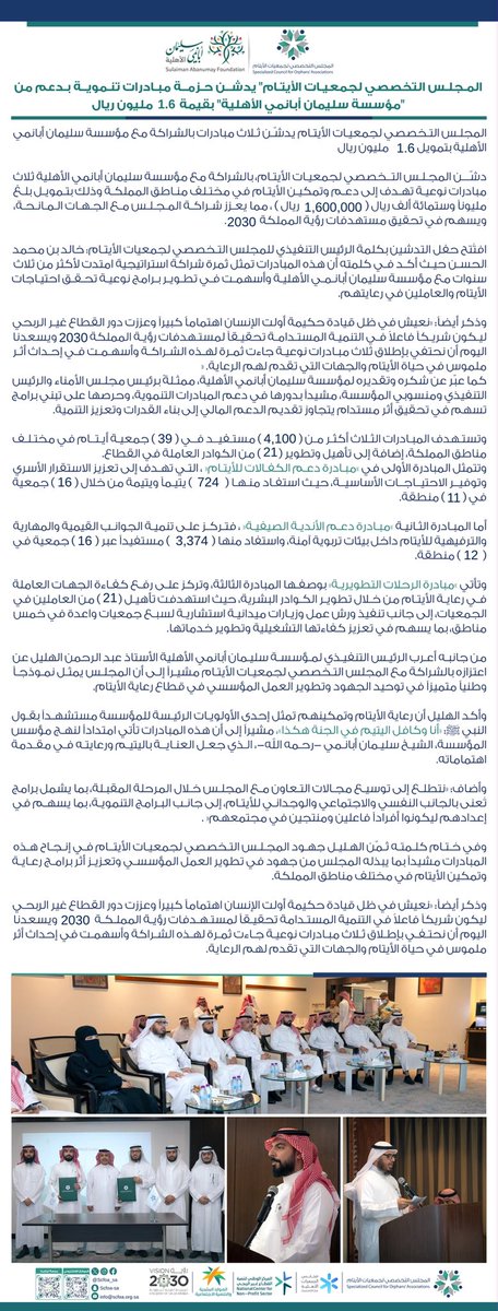 scfoa_sa's tweet photo. خبر صحفي 📄

"المجلس التخصصي لجمعيات الأيتام" يدشن حزمة مبادرات تنموية بدعم من "مؤسسة سليمان أبانمي الأهلية" بقيمة 1.6 مليون ريال https://t.co/QIJ9F4By7N