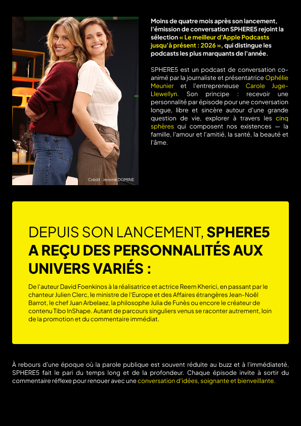 M6pro's tweet photo. #Sphere5 #Apple #Podcasts 

🏆SPHERE5, le podcast d'Ophélie Meunier et Carole Juge-Llewellyn, élu dans les meilleures créations de l'année 2026 Apple Podcasts.
✌️@ophmeunier @CaroleJuge https://t.co/7S5qYkq68o