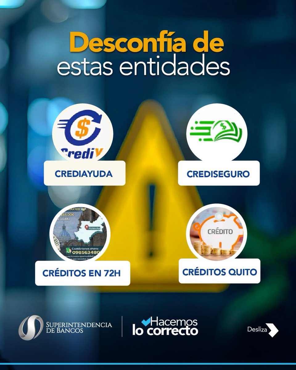 superbancosEC's tweet photo. La Superintendencia de Bancos informa a la ciudadanía que NINGUNA de estas entidades está autorizada 🚫 para captar dinero del público ni para realizar actividades financieras.

Cuida tus recursos 💵 y confíalos únicamente a entidades autorizadas. 👌🏻

Trabajamos por la vigilancia y supervisión financiera en favor de tu seguridad. 🛡️
.
.
.
#EntidadesNoAutorizadas
#SupervisionFinanciera
#HacemosLoCorrecto✅