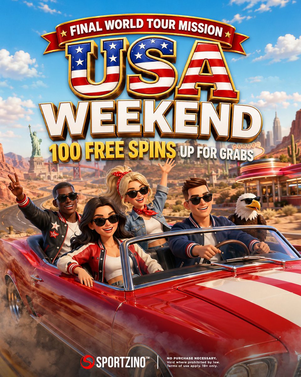 Sportzino_'s tweet photo. The final weekend of the Sportzino World Tour is here, and we’re finishing back in the USA! 🇺🇸

Land a 250x multiplier or higher in an eligible Mission category game to collect the final flag and lock in 100 Free Spins.

One last mission. Let’s finish the tour strong.

Drop 🇺🇸 below if you’re in 👇

Details here: https://t.co/WVgCVQ7rAh