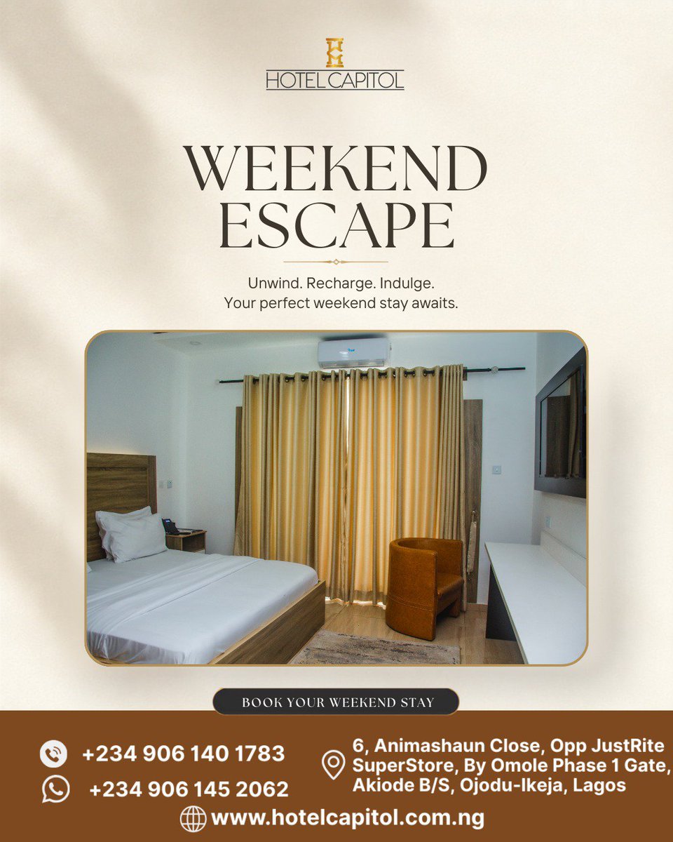 hotelcapitolnig's tweet photo. Your perfect weekend starts with comfort, class, and a relaxing atmosphere. ✨

Take a well-deserved break and let us make every moment of your stay unforgettable.

FOR RESERVATIONS
Call/WhatsApp: 09061452062

#HotelCapitol #WeekendEscape #LuxuryStay #PremiumHospitality https://t.co/txkds1BkRS