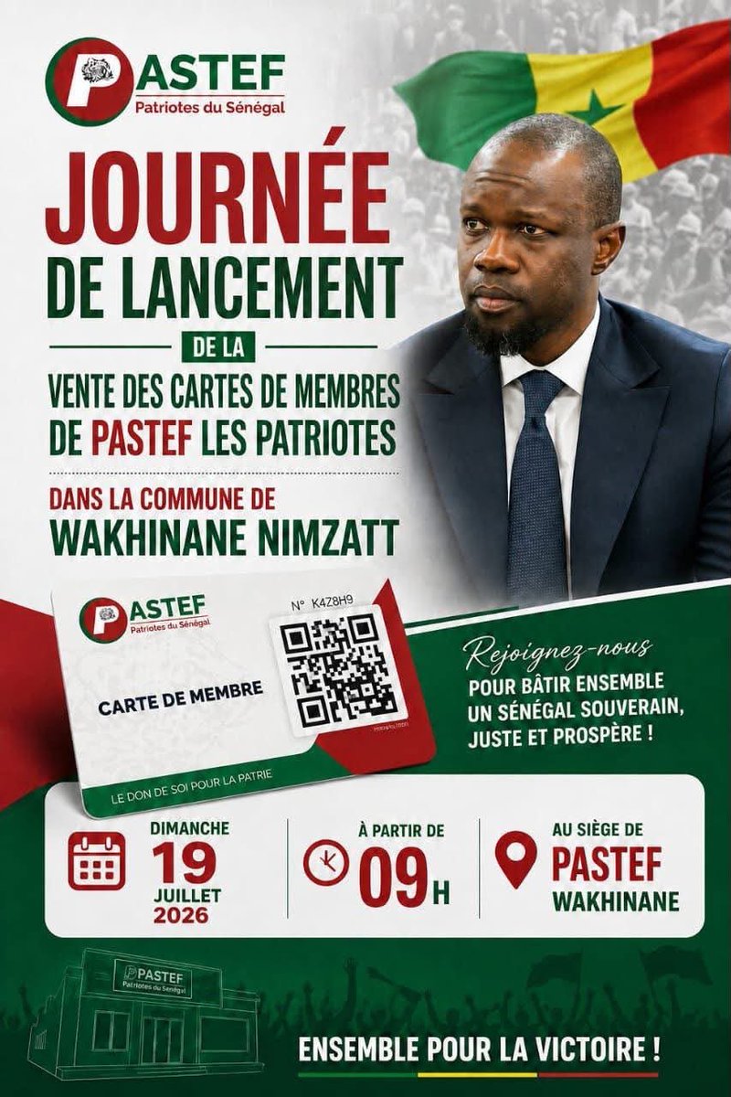 Mamadou44342366's tweet photo. Les cartes membre seront disponibles dans les localités suivantes :
👉Sandiara : le 19/07/2026
👉 Kaolack : le 18/07/2026
👉Pikine Nord : le 19 /07/2026
👉 Wakinane Nimzat : le 19/07/2026 https://t.co/uBQztI8ZFH