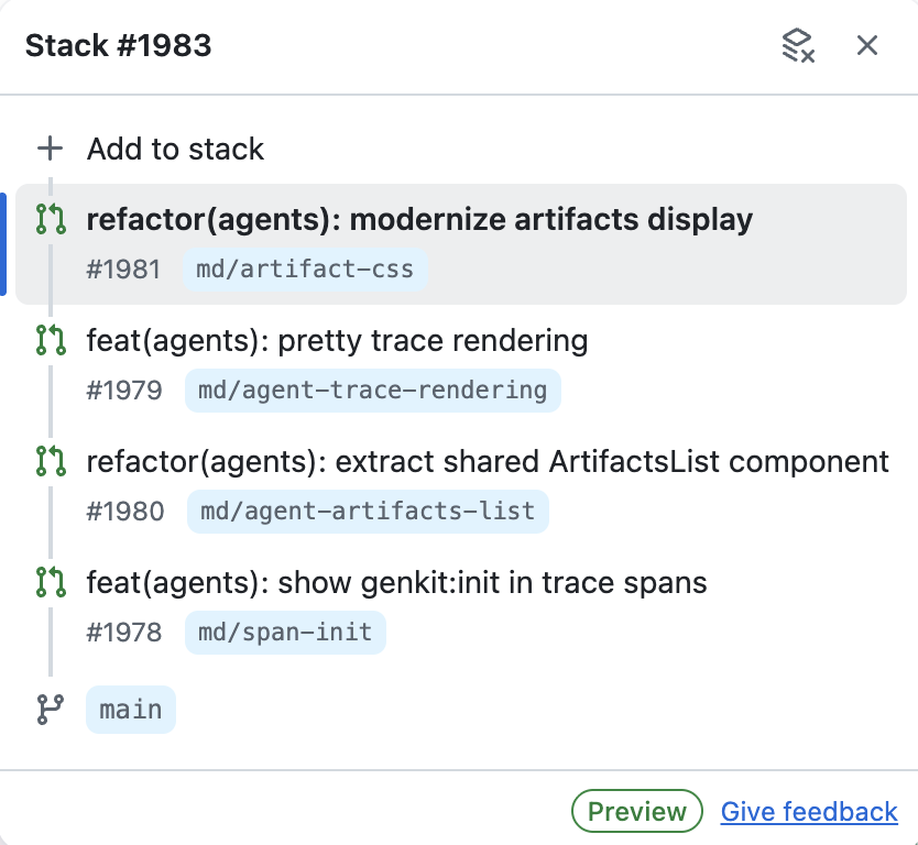 mikeydoyle's tweet photo. Just got "stacked diffs" on github. LETS GOOOOO. #genkit #devui https://t.co/b4lAtwIJ9H