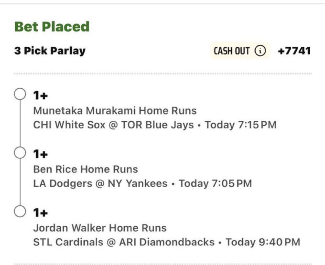 kyongss's tweet photo. 💰 3-Pick Home Run Parlay: +7,741
🎯 Swing for the fences. One swing from each is all it takes.
#MLB #MLBPicks #HomeRunParlay #HRLotto #BenRice #JordanWalker #MunetakaMurakami #BaseballProps #SportsBetting #DingerPicks #ParlayLife #RunItUp #WinningPicks https://t.co/wkSIUvMlYB