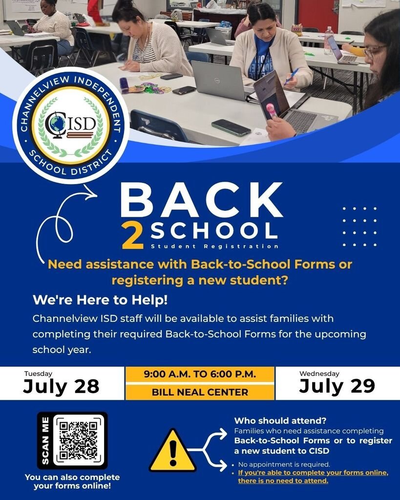 ChannelviewISD's tweet photo. Need help with Back-to-School Forms or enrolling a new student? Join us for Centralized Registration Assistance!

📅 July 28 &amp; 29
🕘 9 a.m.–6 p.m.
📍 Bill Neal Center

Complete your forms anytime through Family Access:
https://t.co/IJMuG2xfbb https://t.co/LrGQ29ieIA