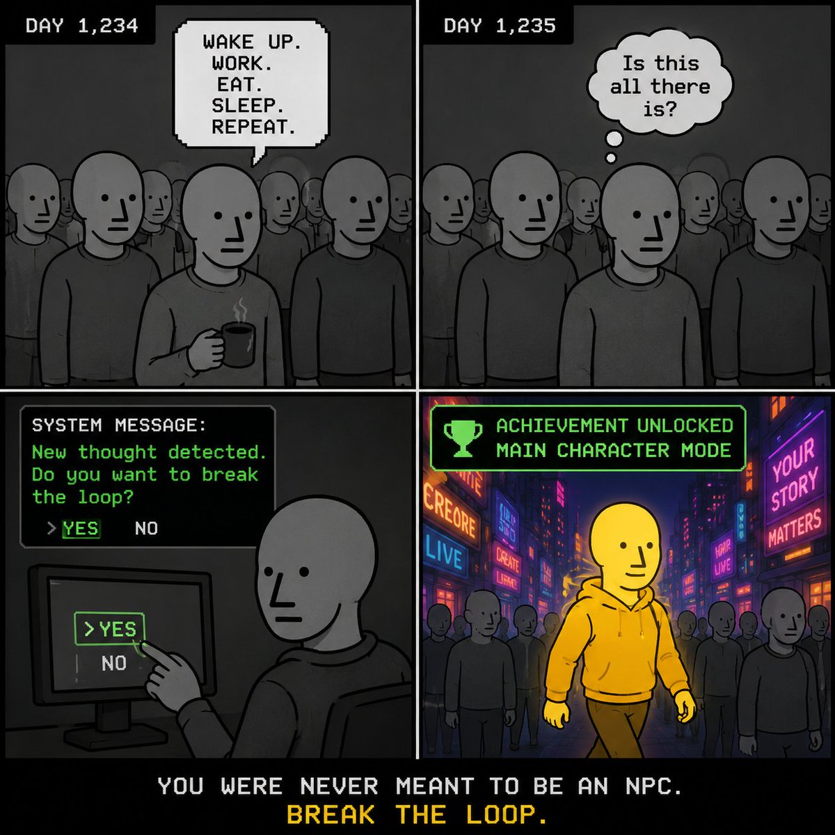 p77065's tweet photo. reak the loop.
Every great story starts the moment you stop acting like an NPC.
Question the routine. Make your own choices. Build something that matters.
Main Character Mode: ON. 🎮✨
#NPC #BreakTheLoop #MainCharacter #DigitalArt #Create #DailyChallenge https://t.co/rA3U7IXBaH