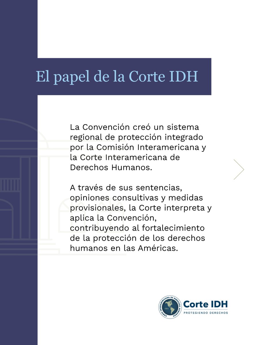 CorteIDH's tweet photo. Hoy conmemoramos la entrada en vigor de la Convención Americana sobre Derechos Humanos, también conocida como el Pacto de San José de Costa Rica, instrumento que desde el 18 de julio de 1978 constituye la base del Sistema Interamericano de Derechos Humanos.

La Convención reconoce y protege derechos fundamentales, establece obligaciones para los Estados y orienta nuestra labor como Corte Interamericana de Derechos Humanos en la protección de los derechos humanos en las Américas.

Desliza para conocer más de este tratado y saber cómo continúa siendo un pilar para la promoción y protección de la dignidad humana en nuestra región.

#CorteIDH
#ConvenciónAmericana
#DerechosHumanos