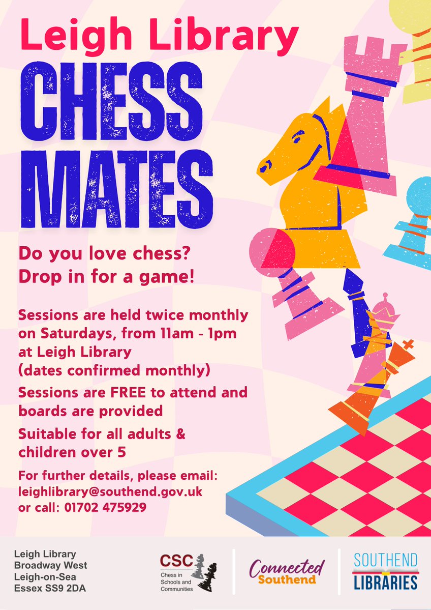 southendlibrary's tweet photo. Join the Leigh Library Chess Mates this Saturday (25th July).
Sessions are suitable for all adults and children aged 5+.
Meet from 11am-1pm, boards provided! 🥰

#LeighLibrary #Chess #FreePlay #LeighOnSea https://t.co/ck4JINSmxy