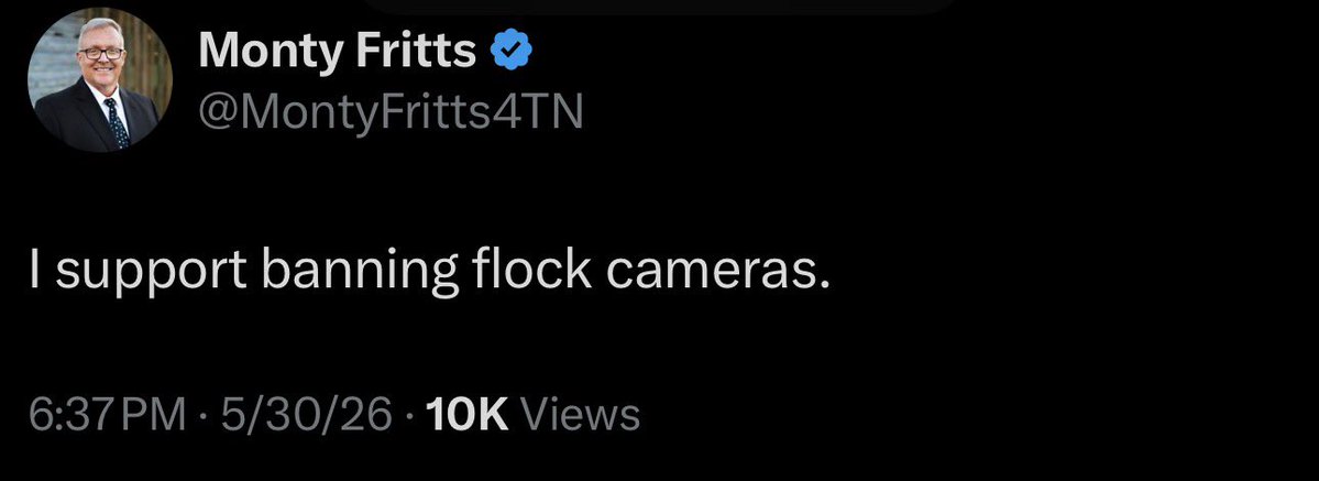 rachelhmehl's tweet photo. 🚨Did you know that Marsha Blackburn supports Flock cameras? When asked about whether or she she supports Flock cameras in an interview by the Nashville Banner, Blackburn said: 

“Yes, I do. It’s a commonsense measure to protect our communities. As governor, I will continue to advocate for the privacy of all those in Tennessee, while balancing public safety considerations.” 

Tennesseans: if you are anti-flock camera, vote @MontyFritts4TN! Early voting starts today through August 1st. Election Day is August 6th! Don’t D.C. our Tennessee! 

#TNPrimary #Fritts4Gov #TNelection