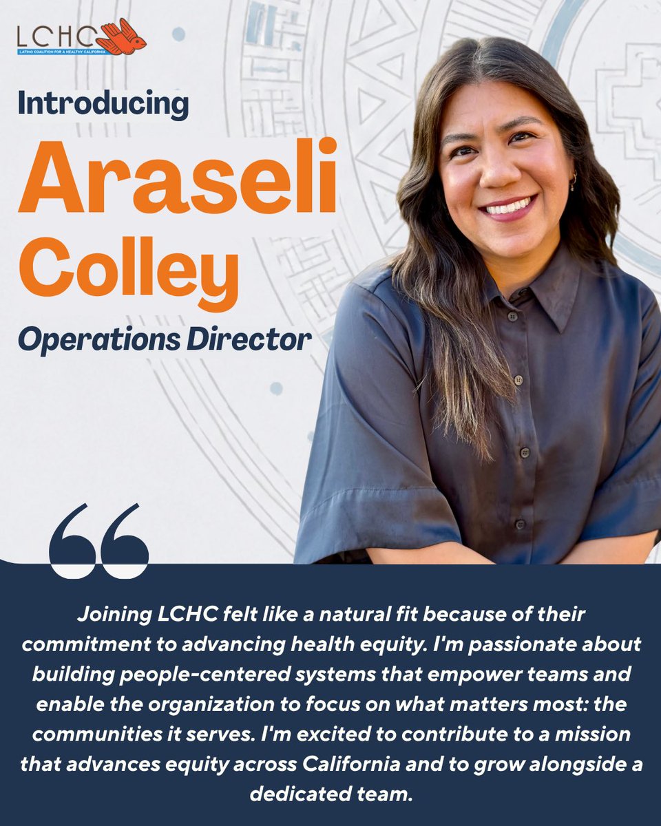 LCHC_CA's tweet photo. ✨ Meet Araseli Colley, LCHC’s new Director of Operations!

Araseli joins our leadership team with experience managing teams, strengthening workplace systems, and helping organizations operate more effectively. A true workplace wizard, she brings a thoughtful and solutions-driven approach to building strong internal systems and supporting staff success.

We’re excited to welcome Araseli to LCHC and look forward to the leadership, organization, and care she will bring to our team. Please join us in giving her a warm welcome! 💙