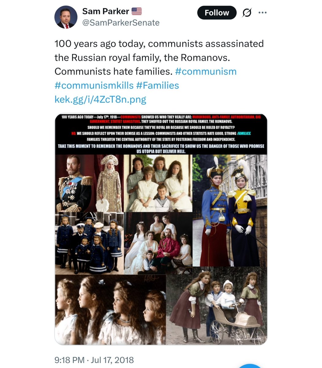 BasedSamParker's tweet photo. 108 YEARS AGO TODAY
B✡️lsheviks assassinated the Tsar &amp; his family—facilitating the massacre of tens of millions of White Christians &amp; a 7-decade reign of global tyranny we're still suffering the effects of.

The assassins weren't zionists, btw. 

https://t.co/9vOPAayGyW https://t.co/gl1Pdq9LrJ
