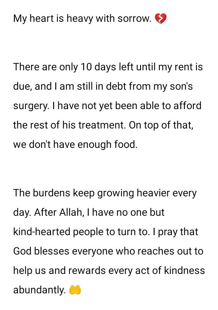 igwkd's tweet photo. My heart is heavy with sorrow. 💔

There are only 10 days left until my rent is due, and I am still in debt from my son's surgery. I have not yet been able to afford the rest of his treatment. On top of that, we don't have enough food.
 https://t.co/Aw4anTmFoU https://t.co/DWRMd6pPWK