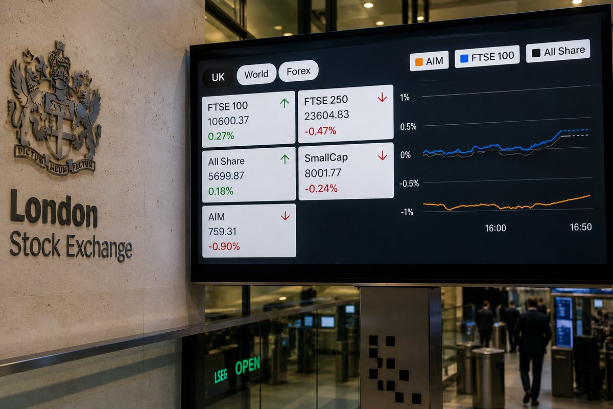 Share_Talk's tweet photo. FTSE 100 Closes Higher as Energy & Utilities Stocks Gain 🇬🇧 The blue-chip index closed up 28.13 points, or 0.3%, at 10,600.37. The FTSE 250 fell 111.00 points, or 0.5%, to 23,604.83, snapping a six-day winning streak, although both the FTSE 100 & FTSE 250 still recorded weekly gains, while the AIM All-Share dropped 0.9% to 759.31. 🔗 Read the full article here: https://t.co/tz76Xpkffq