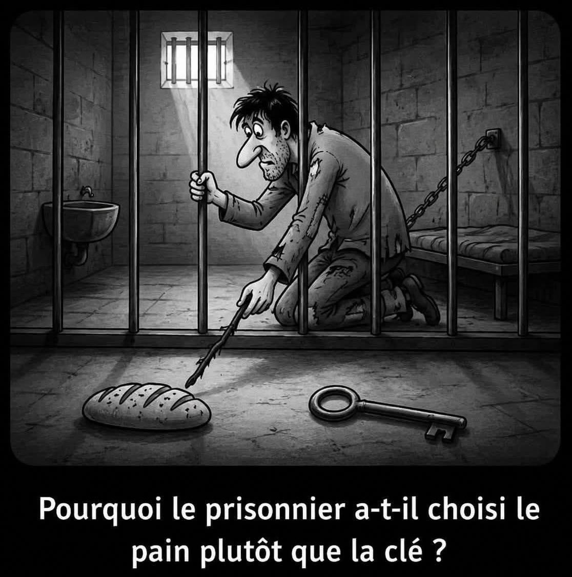 MediaOWANDJI's tweet photo. Pourquoi le prisonnier a-t-il choisi le pain plutôt que la clé ? Parce que la faim peut faire oublier la liberté. Avant de penser à s'évader, il fallait survivre. Une leçon simple : les besoins essentiels passent souvent avant les plus grands rêves. #Réflexion #Vie https://t.co/76a4y8Y6bs