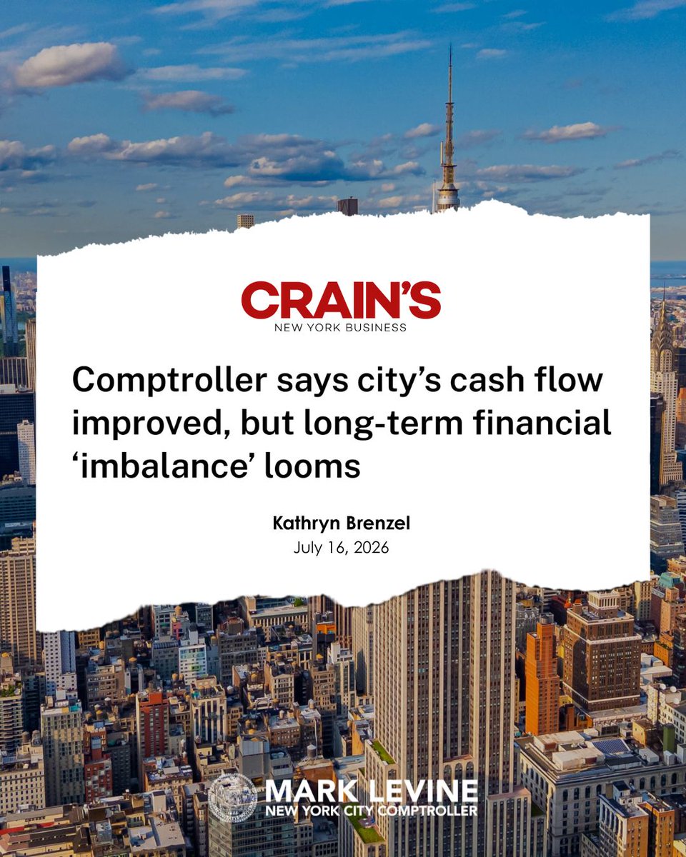 NYCComptroller's tweet photo. 📈 NYC's cash outlook is stronger than expected.
The city started the fiscal year with $16.2 billion in cash, nearly $3.5 billion more than previously projected, thanks to stronger-than-expected revenues driven in large part by Wall Street and accounting moves that have increased near-term liquidity. That is good news, but a healthy cash balance today isn't enough. We still need smart, long-term planning to keep New York City financially prepared for whatever comes next. Read the @crainsnewyork story here: https://t.co/QIyKDg07mz