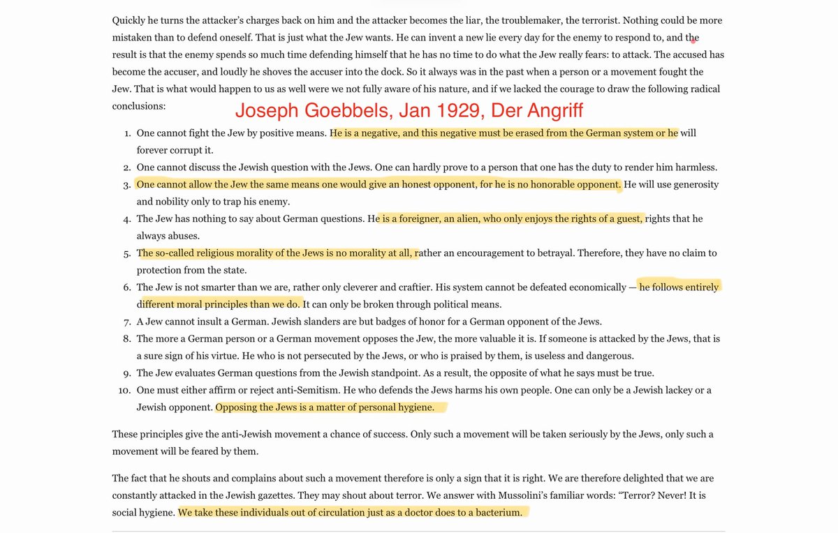 jimstewartson's tweet photo. Stephen Miller’s obsession with mirroring Joseph Goebbels is obvious, from the fact that Miller literally impersonates him, to the nearly identical language Miller uses.

Replace “Jews” with “radical leftists” in Goebbels’ infamous article “Der Jude” and you get the same result. https://t.co/8UYKjvl55v