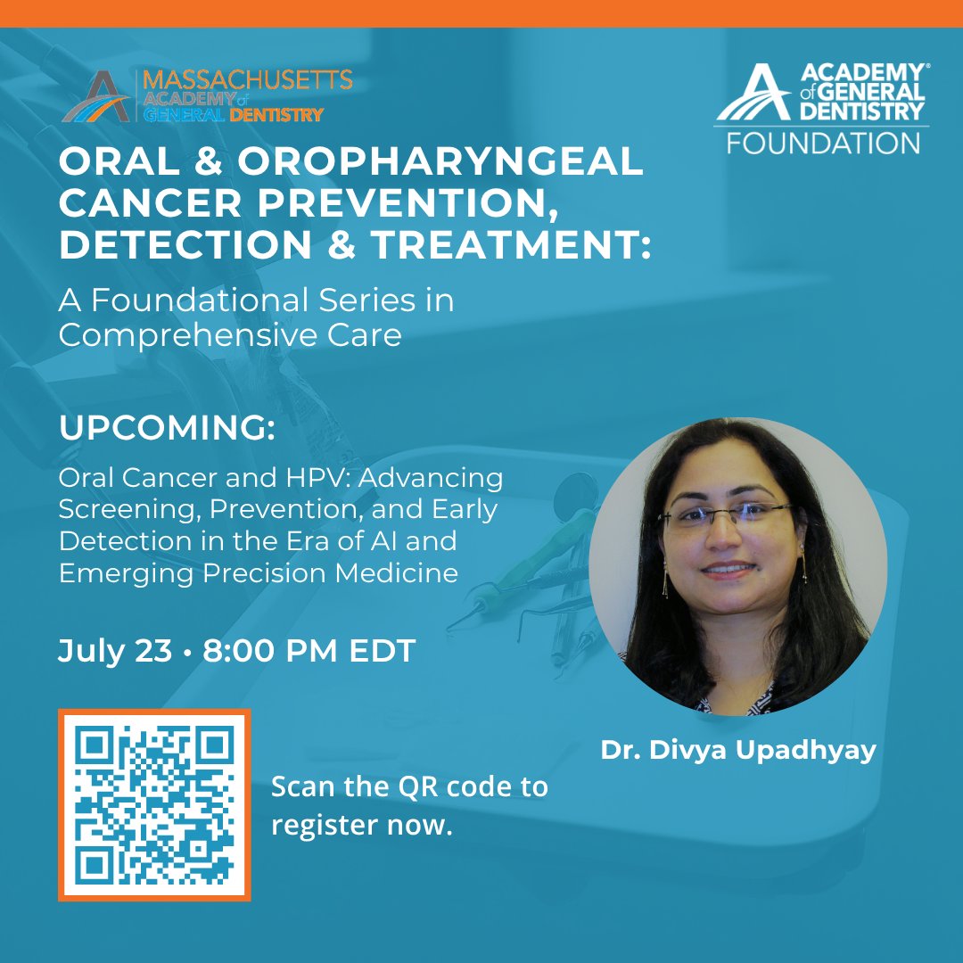 Foundation_AGD's tweet photo. 🚨Only 1 week left!

Join our July 23 webinar on oral cancer, HPV, and precision medicine. Learn screening, prevention, patient counseling, and AI-driven diagnostics. 

CE credit available via Mass AGD. Register now: https://t.co/MS4wxzGd6A https://t.co/VIWvEALfxW