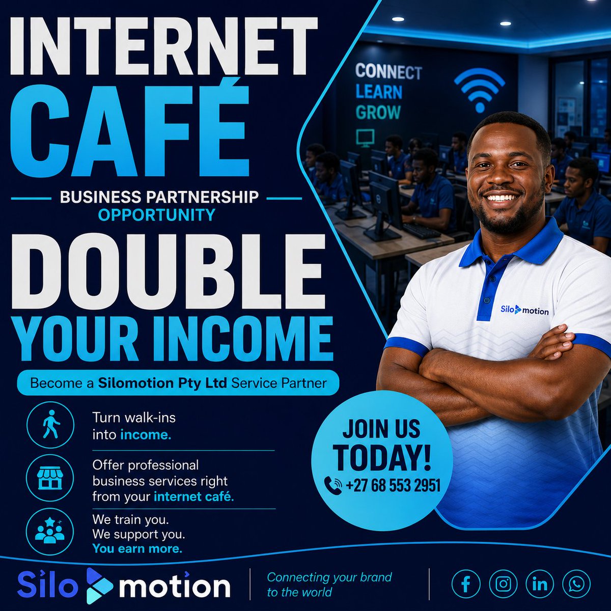 Silomotion's tweet photo. *INTERNET CAFÉ OWNERS 📢 DOUBLE YOUR INCOME*

Partner with *Silomotion Pty Ltd* and turn your walk-ins into income!

Offer professional business services right from your internet café.  
We train you. We support you. You earn more.

 PARTNER TODAY
📞 *+27 68 553 2951* https://t.co/LhbAlW9urj