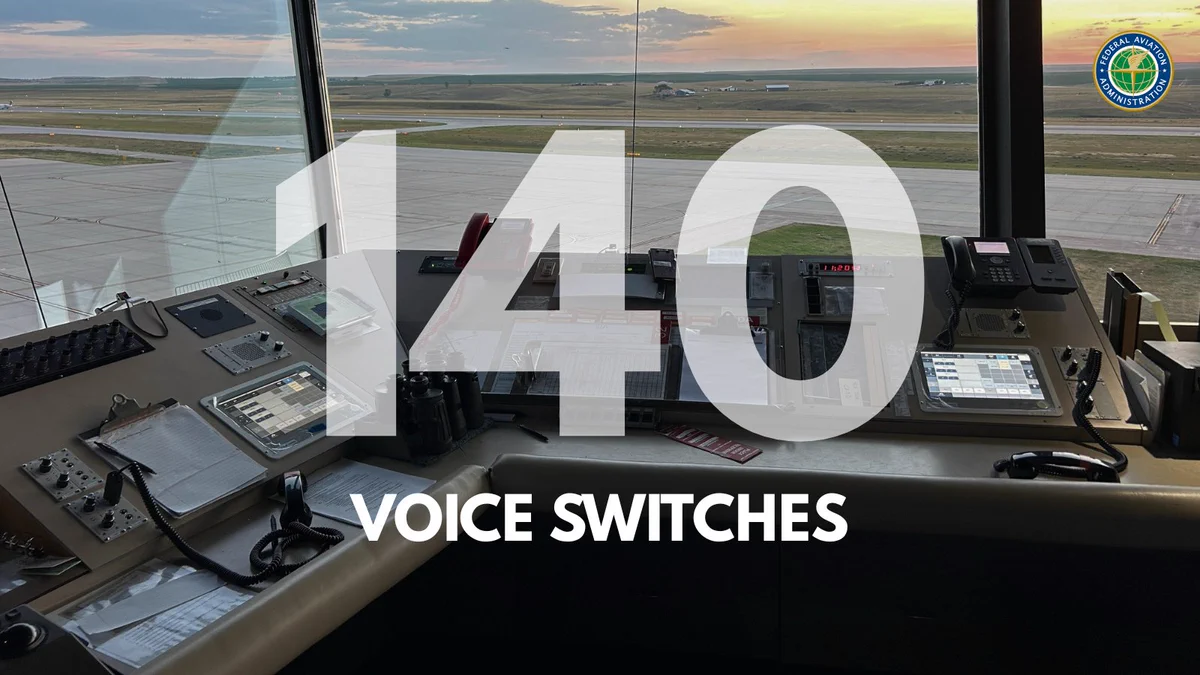 View of an airport control tower interior, showing various control panels and screens. The numbers "140" and the text "Voice Switches" are prominently displayed in the foreground. The Federal Aviation Administration logo is visible in the upper right corner.