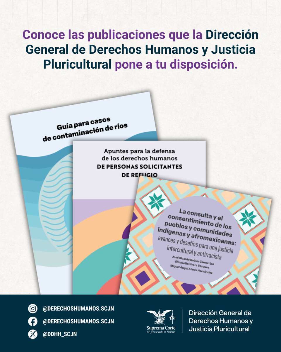 ddhh_scjn's tweet photo. 📚 Conoce las publicaciones de la Dirección General de Derechos Humanos y Justicia Pluricultural de la @SCJN. Accede a materiales gratuitos sobre inclusión, medio ambiente, derechos de la niñez, pueblos indígenas y más. Descárgalas aquí: https://t.co/2JJ6Ku1m6O 

#DGDHJP https://t.co/DwPnbQO7mg