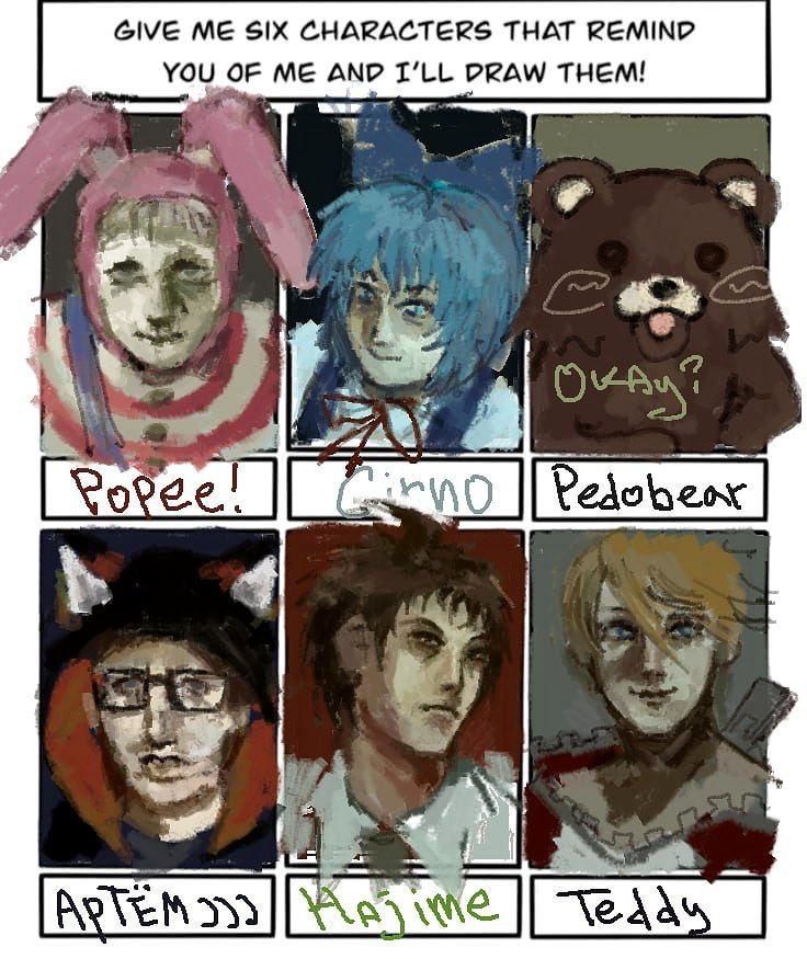OlegOma's tweet photo. give me six characters that remind you of me and I'll draw them!
по мнению подписоты моего тгк💦 https://t.co/OpRmbGaxGI