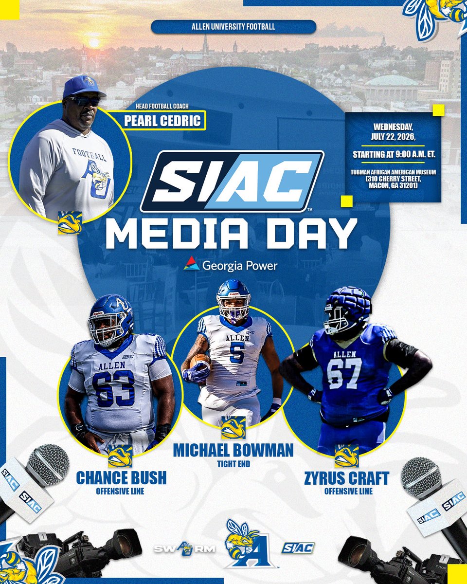auyellowjackets's tweet photo. Headed to Macon to set the standard. 🐝

Coach Cedric, Bush, Bowman, and Craft are taking the mic for #SIACMediaDay. Find out how the Yellow Jackets are preparing to dominate.
🗓️ July 22 @ 9:00 AM ET. Don’t miss it.

#YellowJackets | #DefendTheHive https://t.co/OlRtxsZCrQ