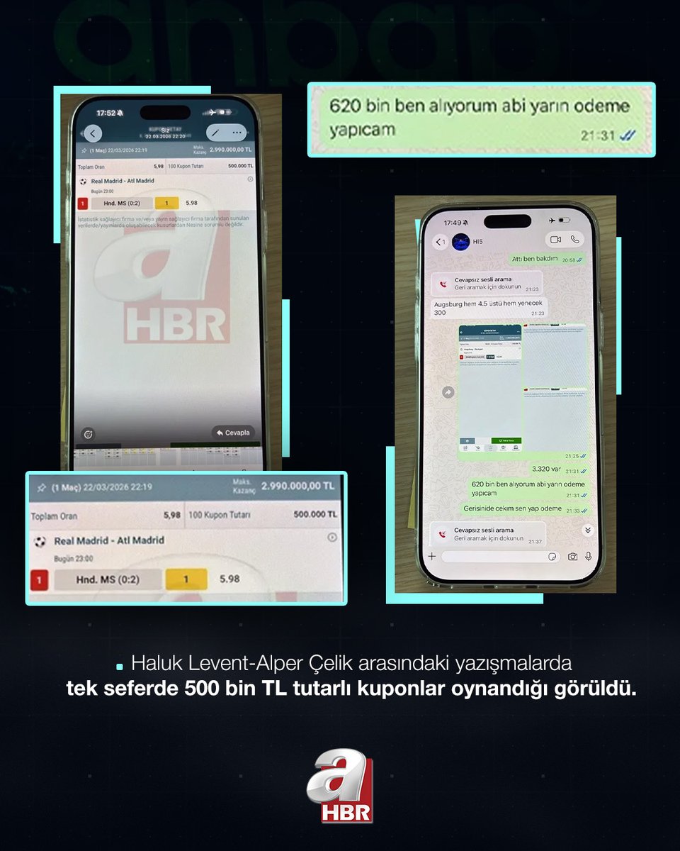 ahaber's tweet photo. Yardım paraları böyle mi buhar oldu?

Haluk Levent ile derneğin kurucu üyelerinden Alper Çelik'in bahis içerikli WhatsApp yazışmaları ortaya çıktı.

Öte yandan soruşturma kapsamında https://t.co/ekSfUkReSl'nin ulaştığı yazışmalarda, tek seferde 500 bin TL tutarında bahis kuponları oynandığı görüldü.