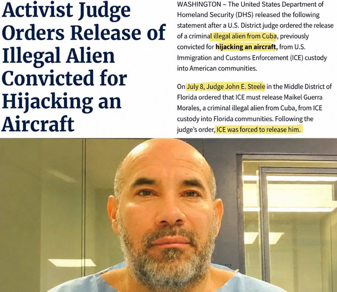 bennyjohnson's tweet photo. UPDATE: Clinton Judge Dies Days After Releasing Plane Hijacker from ICE Custody

A Clinton-appointed federal judge who came under fire for ordering the release of a convicted plane hijacker from ICE custody has died just days after the controversial ruling. 

Judge John Steele’s sudden release of the plane hijacker was so controversial that it sparked calls for his impeachment.

Steele, 77, died this week. No cause of death has been released.

Steele ignited a political firestorm on July 8 when he ordered Cuban national Maikel Guerra Morales, a convicted aircraft hijacker who served more than 20 years in prison, released from ICE detention while deportation proceedings continued. 

The judge ruled that ICE could not return him to Cuba and had not shown that Mexico would accept him.

The decision drew swift condemnation from the Trump administration and Rep. Greg Steube (R-FL), who introduced articles of impeachment against Steele for "activist judicial overreach." 

DHS also blasted the decision, saying the judge forced ICE to release "a criminal illegal alien" convicted of hijacking a plane back into American communities.