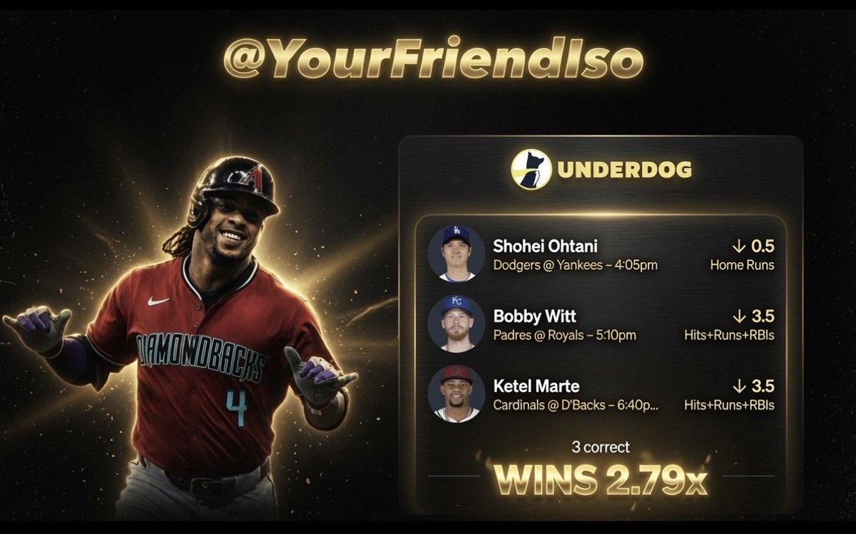 YourFriendIso's tweet photo. Here are the top MLB bets for July 17th. 

Over 3 hours of research done for you 🔬

Join free Discord for more picks 
https://t.co/NirZTKhBBA

⚾️ Jo Adell Under 2.5 HRR 
⚾️ Brady Singer Over 3.5 Ks 
⚾️ Ketel Marte Under 3.5 HRR 
⚾️ Rafael Devers Over 0.5 HRR
⚾️ Bobby Witt Jr. Under 3.5 HRR 
⚾️ Shohei Ohtani Under 0.5 HR 
⚾️ Elly De La Cruz Over 3.5 TB 
⚾️ Gavin Williams under 8.5 Ks
⚾️ Sandy Alcantara Over 3.5 Ks 
⚾️ Freddie Freeman under 3.5 HRR 
⚾️ Reds Vs Rockies under 15.5 runs 
⚾️ Yankees and Dodgers under 0.5 NRFI 

#MLB #PropBets | #MLBTwitter | #PlayerProps #DFS #Fanduel #DraftKings #BetMGM