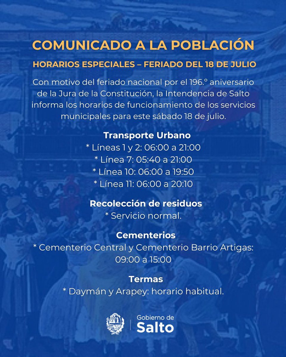 id_salto's tweet photo. 𝐇𝐎𝐑𝐀𝐑𝐈𝐎𝐒 𝐘 𝐒𝐄𝐑𝐕𝐈𝐂𝐈𝐎𝐒 𝐏𝐀𝐑𝐀 𝐄𝐋 𝟏𝟖 𝐃𝐄 𝐉𝐔𝐋𝐈𝐎 https://t.co/r2zmeMUiDA