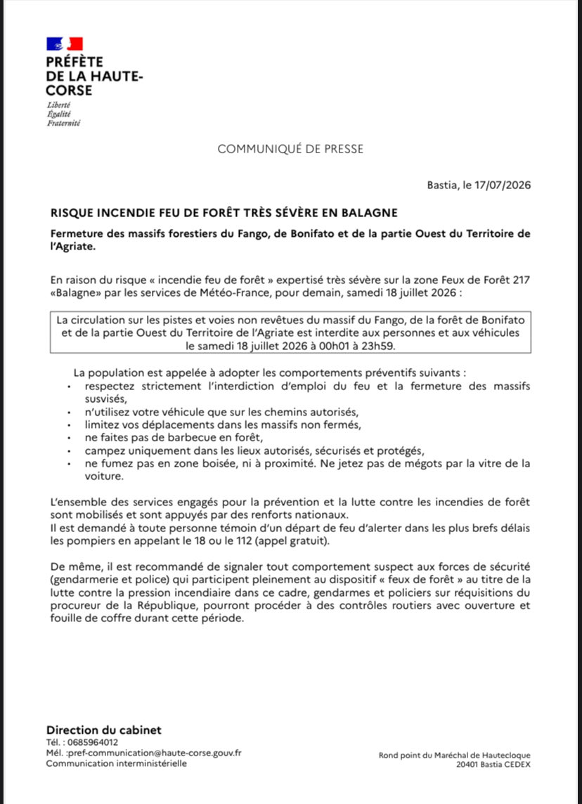 Prefet2B's tweet photo. ⛔️ La circulation sur les pistes et voies non revêtues du massif du Fango, de la forêt de Bonifato et de la partie Ouest du Territoire de l’Agriate est interdite aux personnes et aux véhicules, le samedi 18 juillet 2026 à 00h01 à 23h59. https://t.co/WPwEcaAaNE