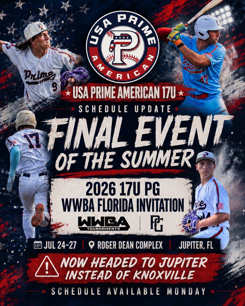 k_pickett11's tweet photo. Final event of the summer.

USA Prime American 17U is headed to Jupiter for the 2026 17U PG WWBA Florida Invitational at Roger Dean Complex.

Jul 24–27 | Jupiter, FL

This replaces Knoxville. Schedule should be available Monday. Coaches, we’ll update once game times are posted. Still several #uncommitted guys looking for a home.