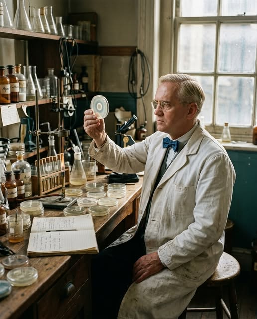 SovereignBain's tweet photo. An Ayrshire farm boy who left school young came back from holiday, looked at a dish he had forgotten to clean, and quietly saved more human lives than any person who has ever lived.  This depicts the real Alexander Fleming, not an actor.
Fleming was born in 1881 on a hill farm at Lochfield near Darvel in East Ayrshire, one of a large family, walking miles to a moorland school. That country childhood mattered. He grew up watching nature closely, noticing small things, and he never lost the habit. He trained as a doctor and bacteriologist in London, but the sharp observant eye was pure Scottish upbringing.
In September 1928, returning to his cluttered laboratory after a break, he noticed that a dish of bacteria had been spoiled by a stray blue-green mould, and that around the mould the bacteria had simply dissolved away. Most people would have thrown the dish out. Fleming stopped and looked. That mould was Penicillium, and the substance it made was penicillin, the first true antibiotic.
He understood he had found something extraordinary, though it took a decade and other brilliant minds to turn it into the medicine that would save millions of soldiers and civilians in the Second World War and every year since.  When Fleming shared the Nobel Prize in 1945, he warned, with typical caution, that misusing the drug could breed resistant bacteria, a prophecy the world is still reckoning with.
He never grew rich from it. He believed the discovery belonged to humanity, and he refused to patent it.  A Scottish farmer's son gave away the greatest medical gift of the century and asked for nothing back.
The next time an infection does not kill you, remember the boy from the Ayrshire moors who paused to look at a dirty dish. The blood remembers its own🏴󠁧󠁢󠁳󠁣󠁴󠁿