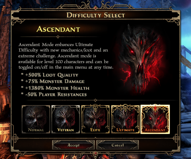 GrimDawn's tweet photo. Ultimate Difficulty starting to feel like a walk in the park? 

Push your level 100 builds to the brink with Ascendant Mode! This setting scales up the world map to challenge the strongest characters, forcing you to bring your absolute best to every dungeon and boss encounter. https://t.co/dExDmxIjug