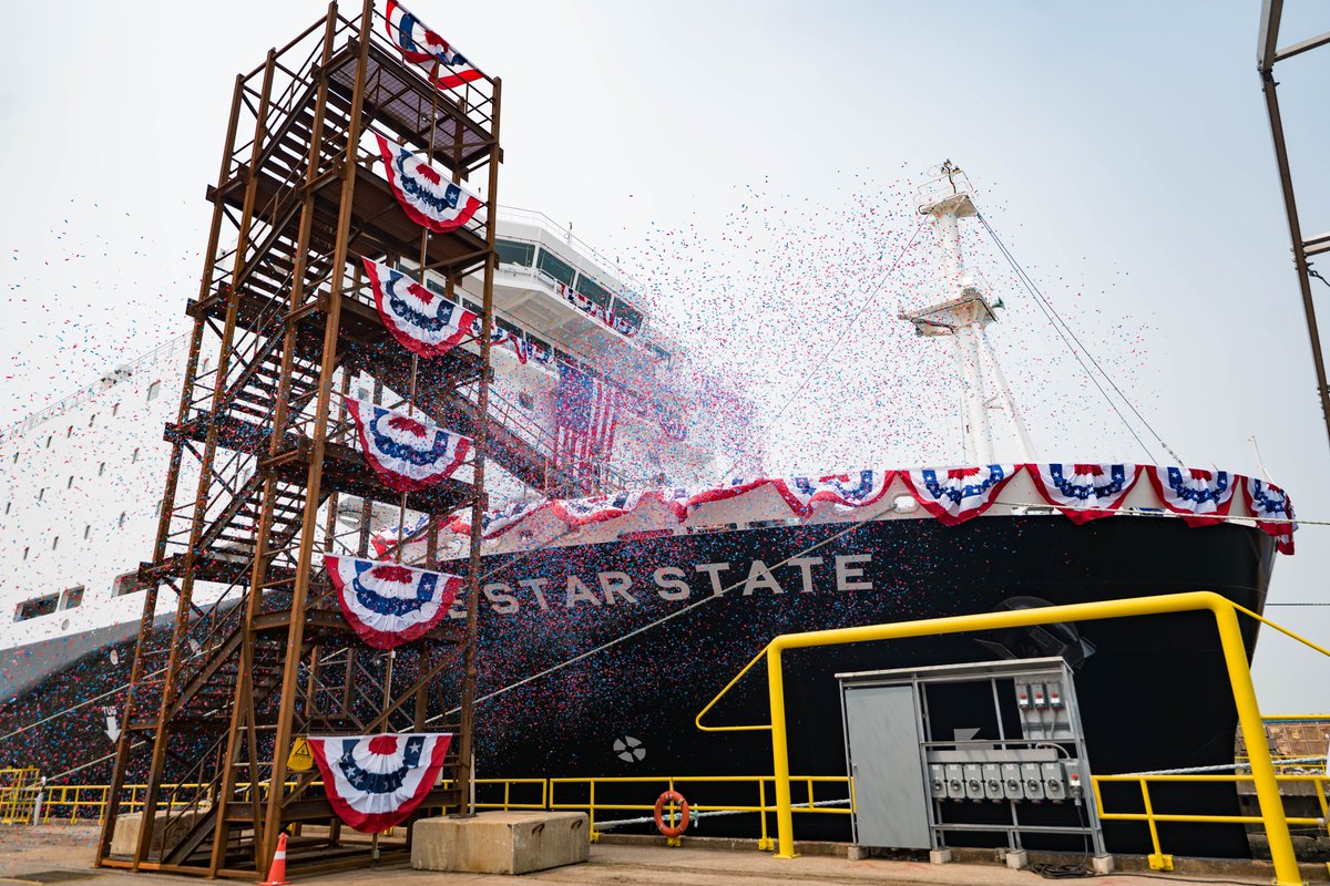 SecDuffy's tweet photo. THIS is what restoring America’s maritime dominance looks like 🇺🇸

An incredible day at Hanwha Philly Shipyard as we christened the Lone Star State — the newest National Security Multi-Mission Vessel headed to Texas A&M Maritime College to help train 600 future merchant mariners. Honored to have my wife, Rachel, serve as the ship’s Godmother.

Under President Trump, we are dominating the seas again ⚓️