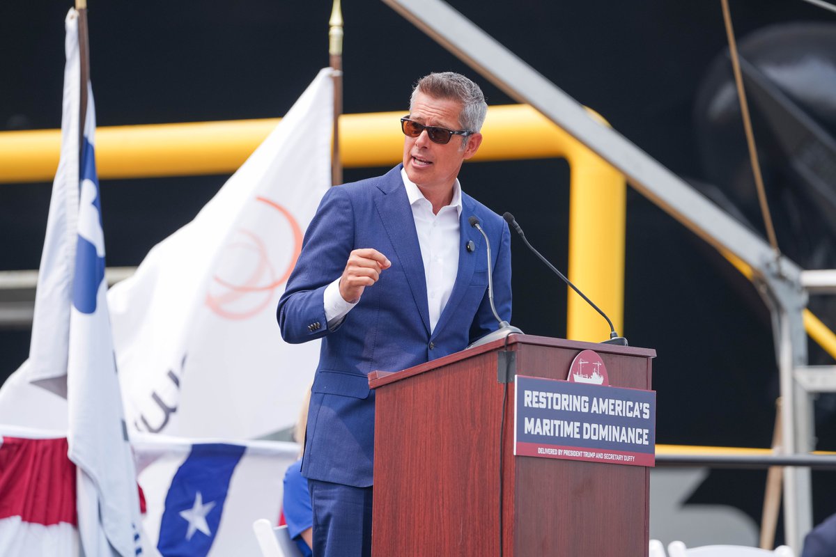 SecDuffy's tweet photo. THIS is what restoring America’s maritime dominance looks like 🇺🇸

An incredible day at Hanwha Philly Shipyard as we christened the Lone Star State — the newest National Security Multi-Mission Vessel headed to Texas A&M Maritime College to help train 600 future merchant mariners. Honored to have my wife, Rachel, serve as the ship’s Godmother.

Under President Trump, we are dominating the seas again ⚓️