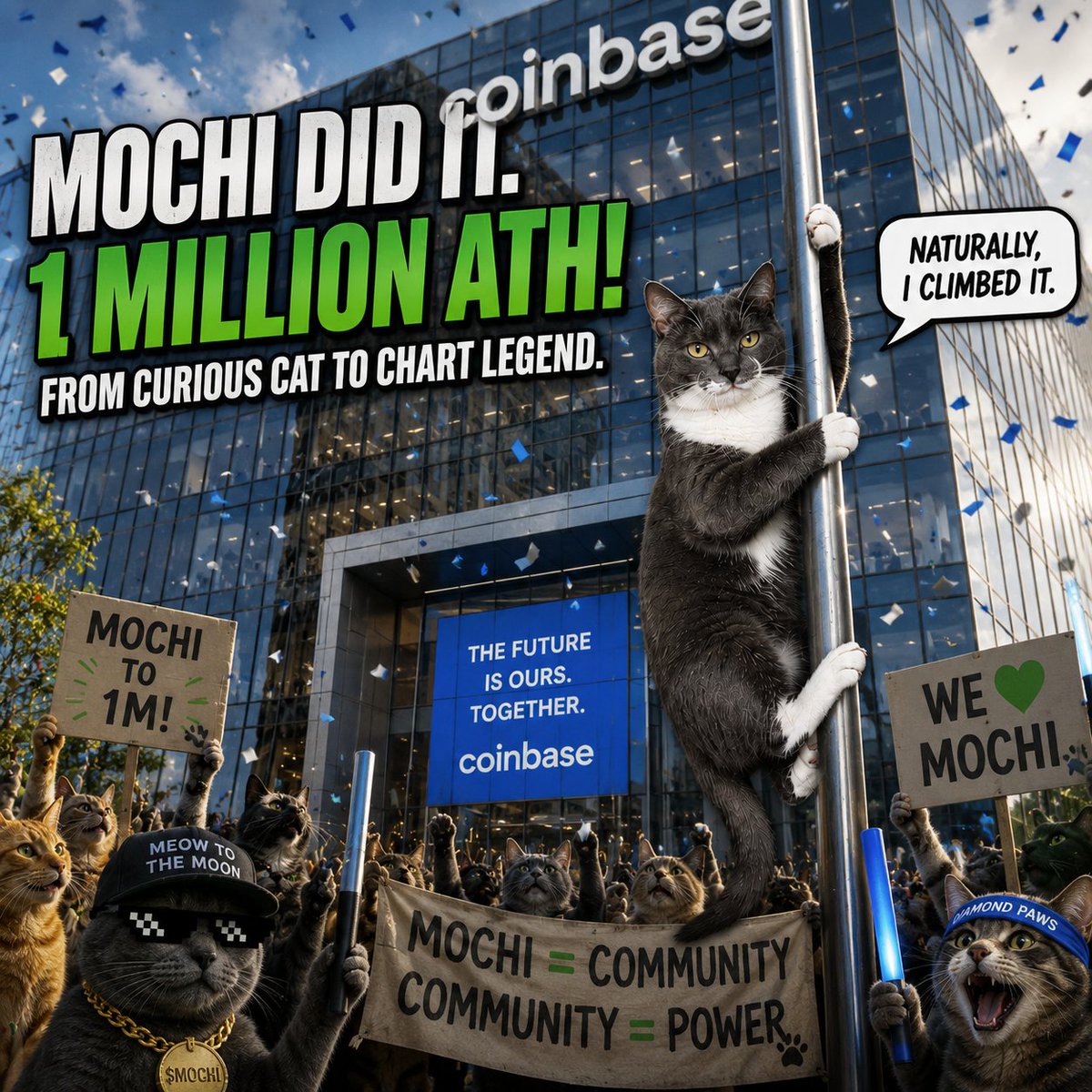 MochiOnBase's tweet photo. $MOCH has stirred up a storm; they are rallying their friends and trying to make their voices heard at the Coinbase building. https://t.co/Cg3hTiqB2r